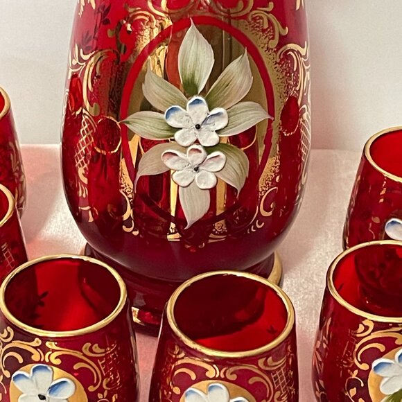 Vintage Venetian Glass Decanter 6 Glasses Set Red Gold - Picture 8 of 8